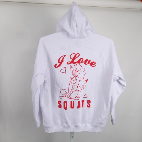 Gymshark Hoodie Womens M White I Love Squats Devil Graphic Fleece Oversized - Picture 4 of 12